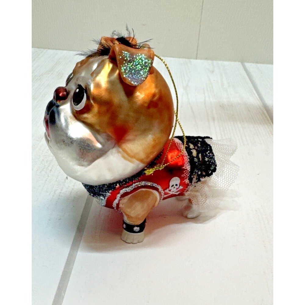 Robert Stanley Pug in a TuTu Glass Christmas Ornament 4 1/2" x 4"  skull Tutu